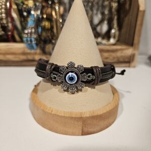 Silver Blue Eye Bracelet with Black Brown and Green Accents Leather Funky Weird